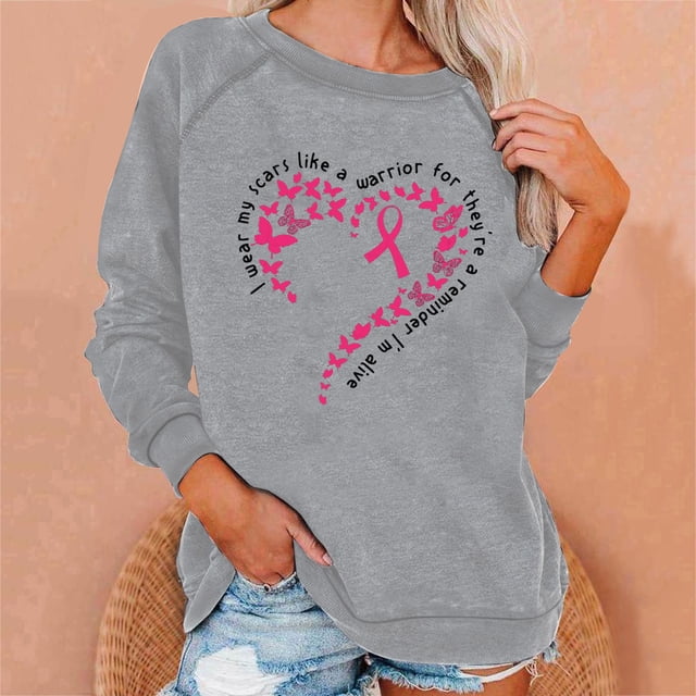 Jsaierl Chandail en Molleton Cancer pour Femmes T-Shirts Cancer du Sein Rose Cœur T-Shirts Épais Réglan Manches Longues Pull Sensibilisation Coupe Ample Col Rond