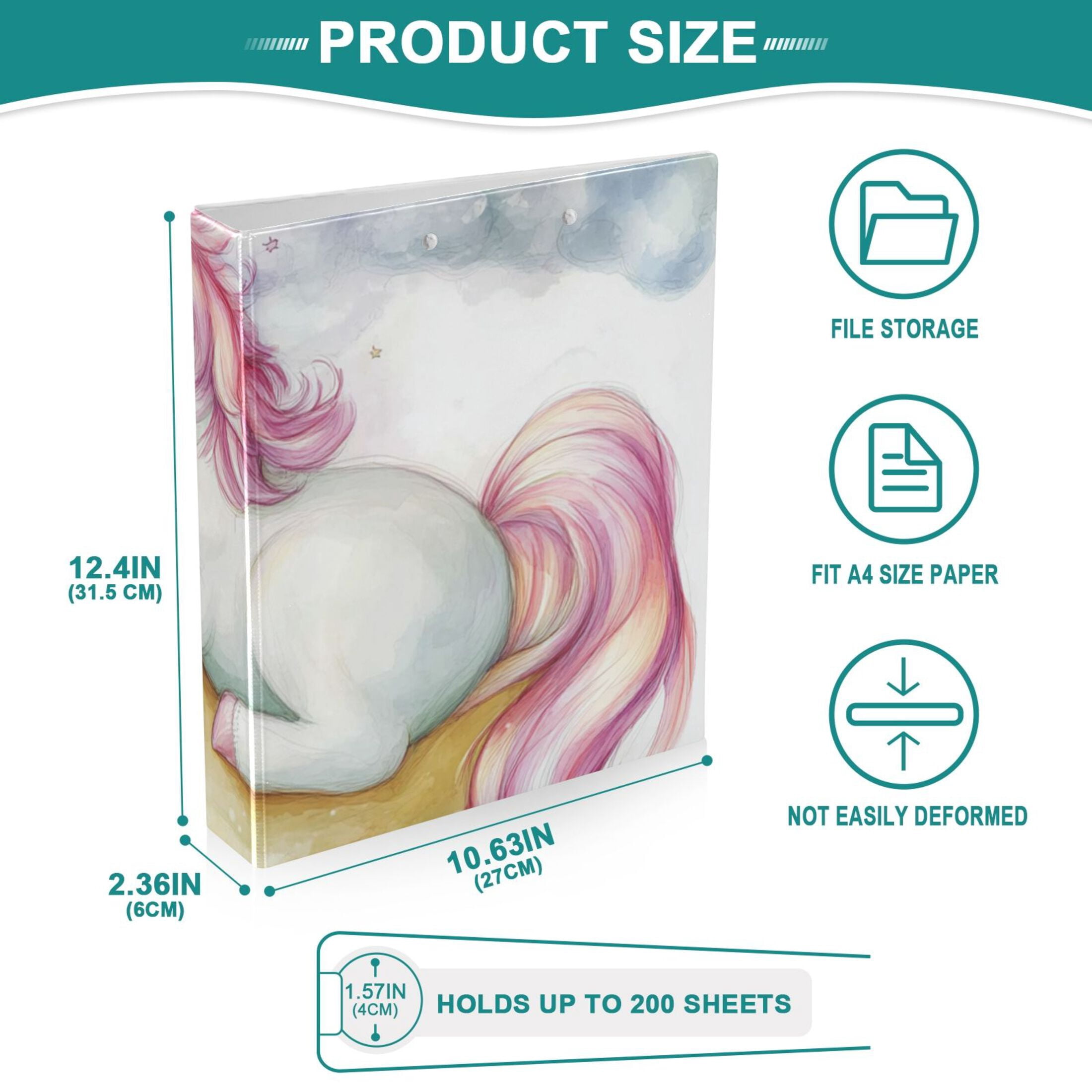 Clouds Moon and Unicorn 3 Ring Binders 1.5 inch Hardcover File Folders with Interior Pockets A4 Size Organizer for School Office Hospital