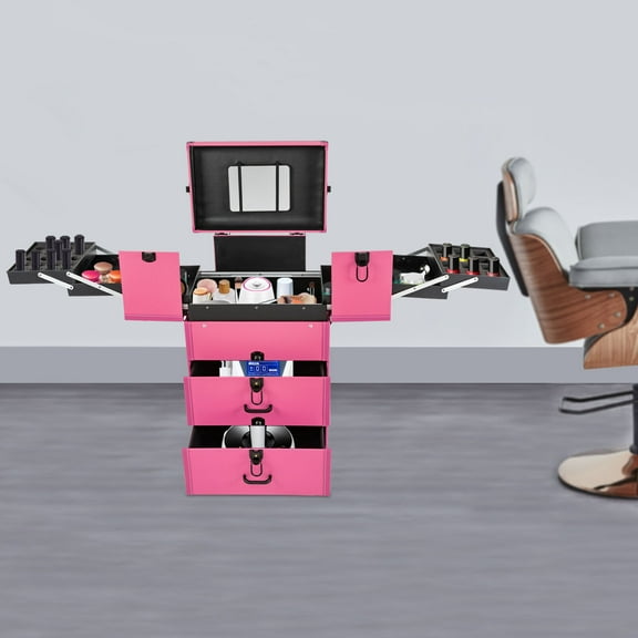 Rose Color  Rolling Makeup Case Rectangular Large Capacity Make up Cosmetic Orgainzer Lockable Portable Cosmetic Organizer Trolley,