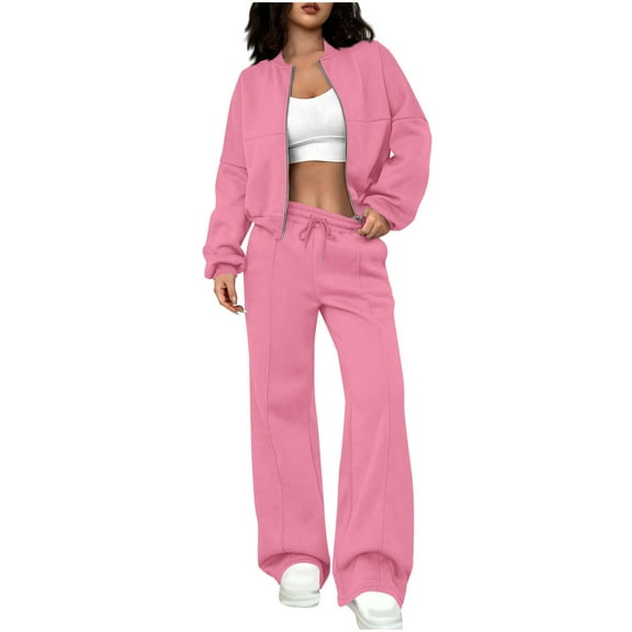 Erwazi Two Piece Sets for Women Casual Long Sleeve Zip Up Sweatshirt and Open Bottom Sweatpants Workout Athletic Sweatsuits Outfit Set, Pink, XL