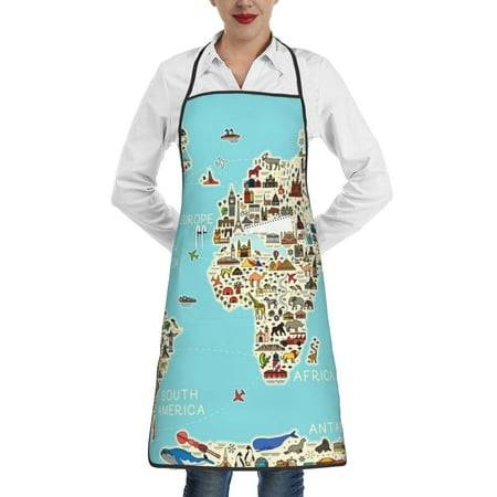 

Easygdp World Travel Line Icons Map Apron Waterdrop Resistant with 2 Pockets Oil Resistant Cooking Kitchen Chef Apron for Women Men