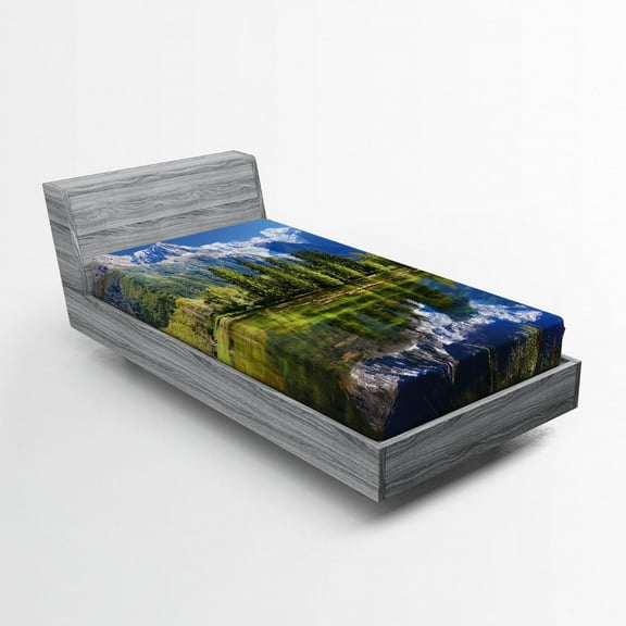 Ambesonne Outdoor Fitted Sheet, Mountain Lake Evergreen, Twin Size, Blue Green White