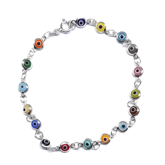 MYSTIC JEWELS By Dalia - Silver Lucky Tiny Evil Eye Bracelet - 7.5" (Multicolor)