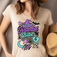 thumbnail image 4 of Haunted Babe Graphic T-Shirt | Cute Witch Hat Retro Print Tee, Heliconia, Size L, 4 of 6