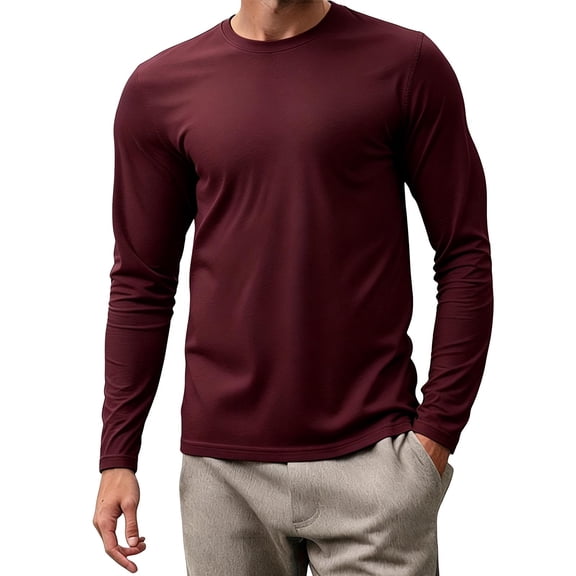 hoksml Men's Solid Crew Neck Long Sleeve T-Shirt Breathable Quick Dry Athletic Casual Everyday Comfort Top