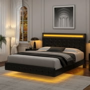 Homfa Queen Floating Bed with Lights, LED Platform Bed Frame with Under Bed Storage, PU Leather Adjustable Tufted Upholstered Bed, Black