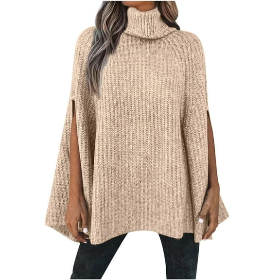 Women's Lightweight Long Sleeve Knit Cape Sweater Turtleneck Solid Color Pullover Tops