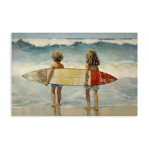 Stupell Industries Kids with Surf Waves People Painting Wrapped Canvas Art Print Wall Art, 24 x 16