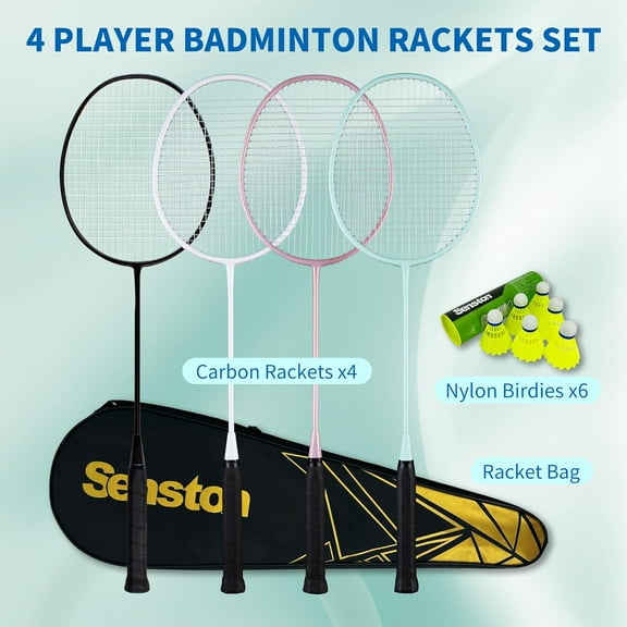 Professional Badminton Rackets Set of 4 - Carbon Fiber, 6 Shuttlecocks, 4 Grips & Carry Bag for Family Matches | Lightweight & Shock-Absorbing