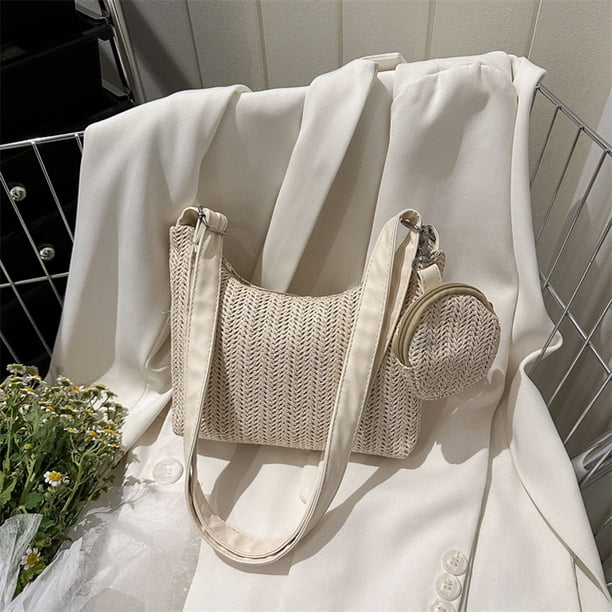 ASHSDI Sac Paille Femme Sac Fourre-Tout en Paille pour L'été, Sac De Plage en Paille Tissé, Sacs À Main À Bandoulière Sac de Paille de Plage(Color:A