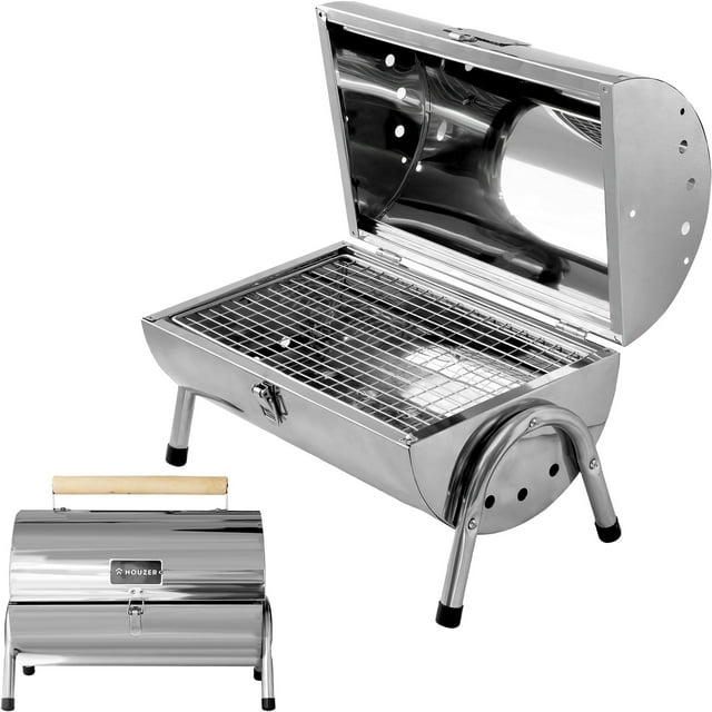 Asador Carbon Portátil Tipo Barril Cromado 2 Parrillas 42x35 Plateado Houzer