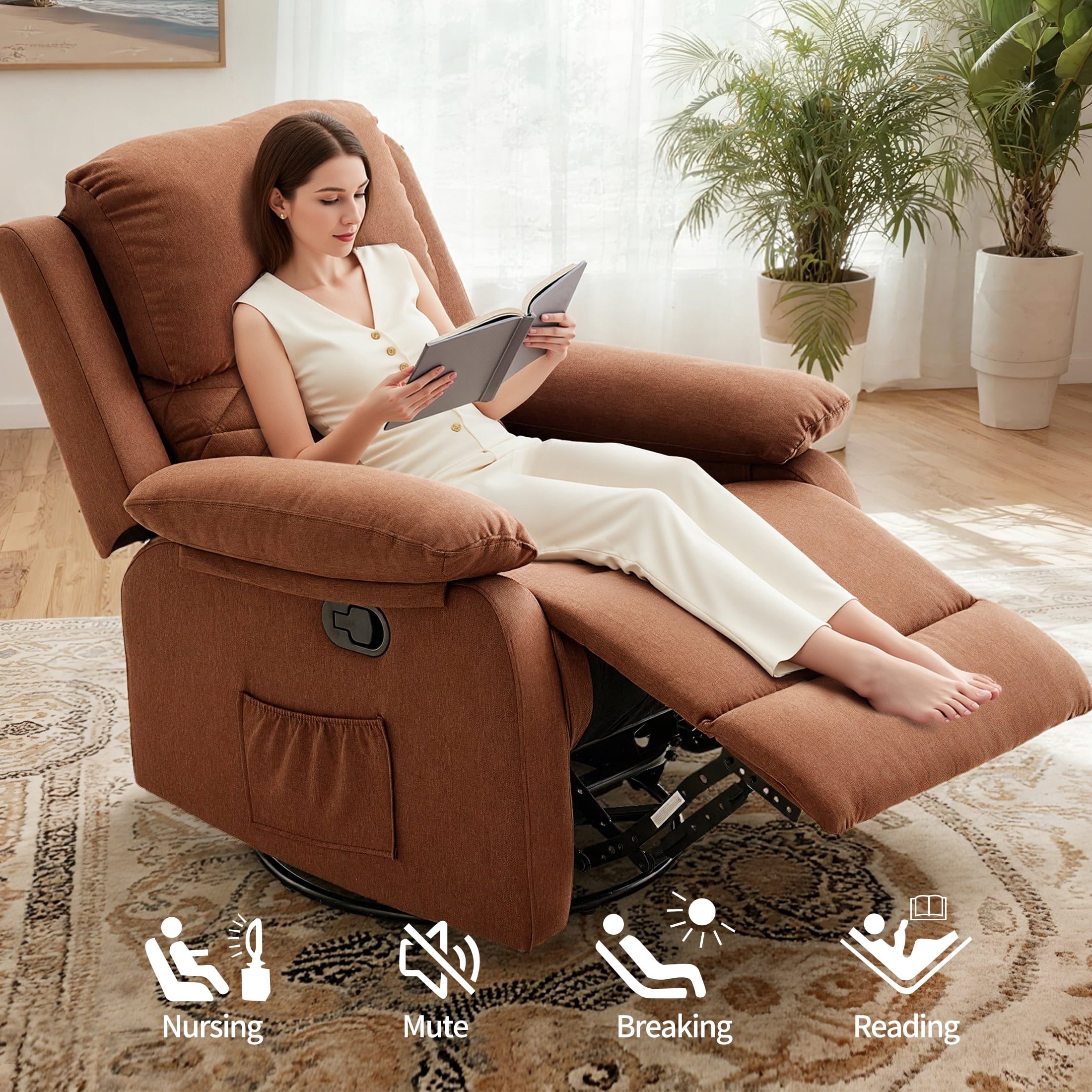 YOUDENOVA 360° Swivel Rocker Recliner Chair for Small Spaces for Living Room,Upholstered Linen Fabric Glider Nursery Chair with Side Pockets,Brown