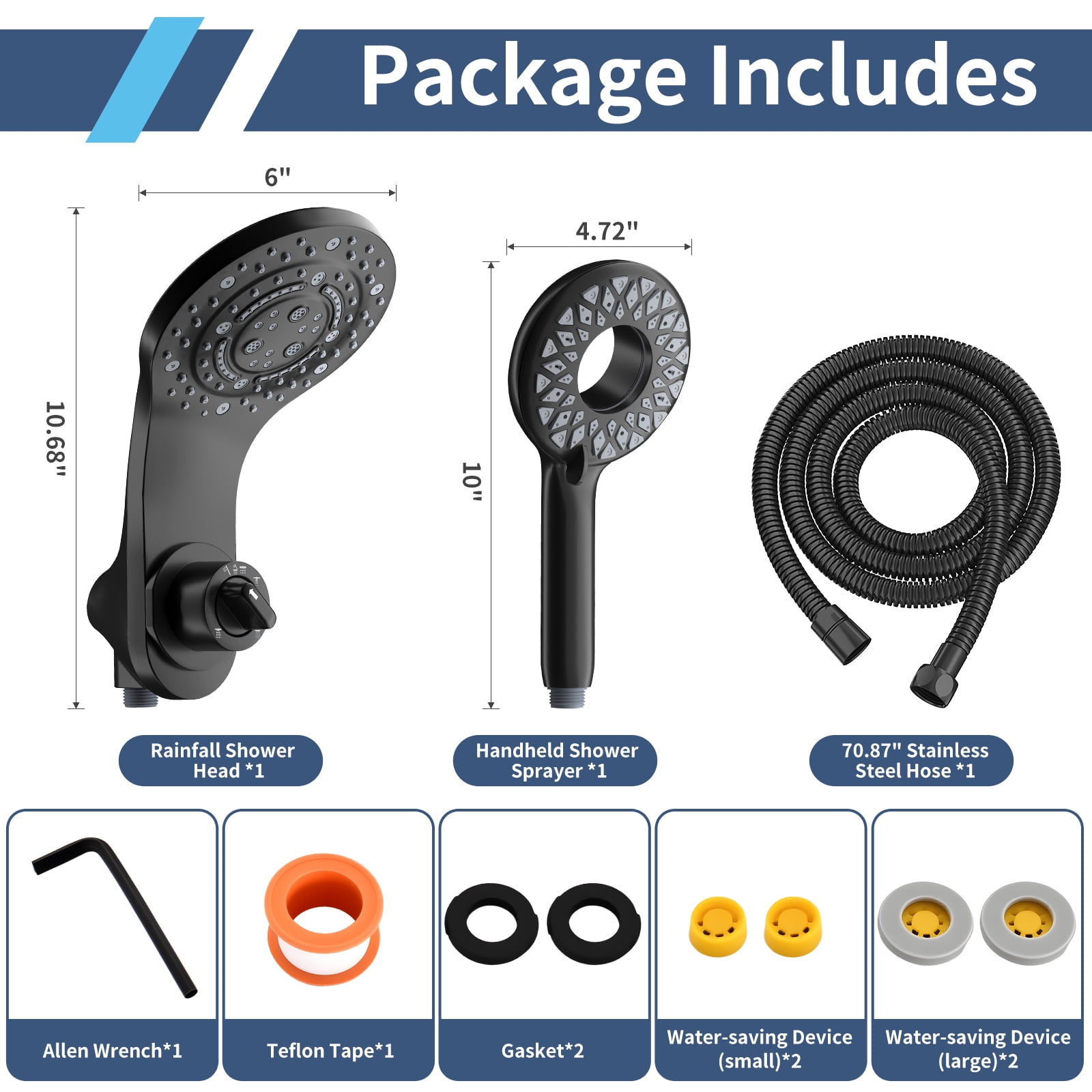 KAIYING Magnetic Dual Shower Head, 2-in-1 Rain and Handheld Spray Combo with 71 Inch Hose, Mate Black