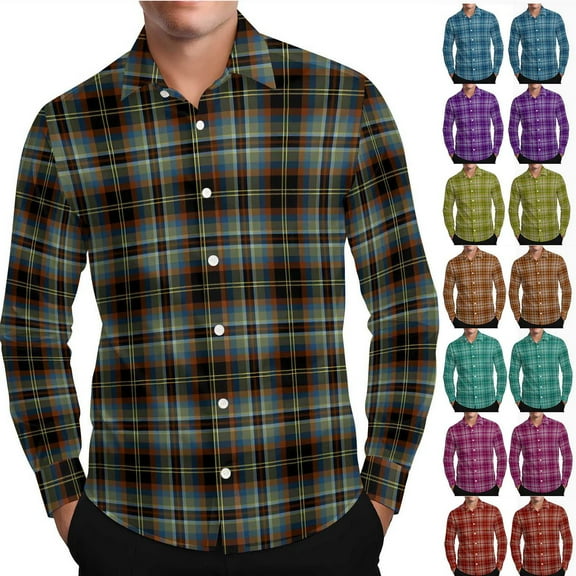 FRSASU Men's Lapel Plaid Button Down Shirts Regular Fit Long Sleeve Casual Business Shirts Red