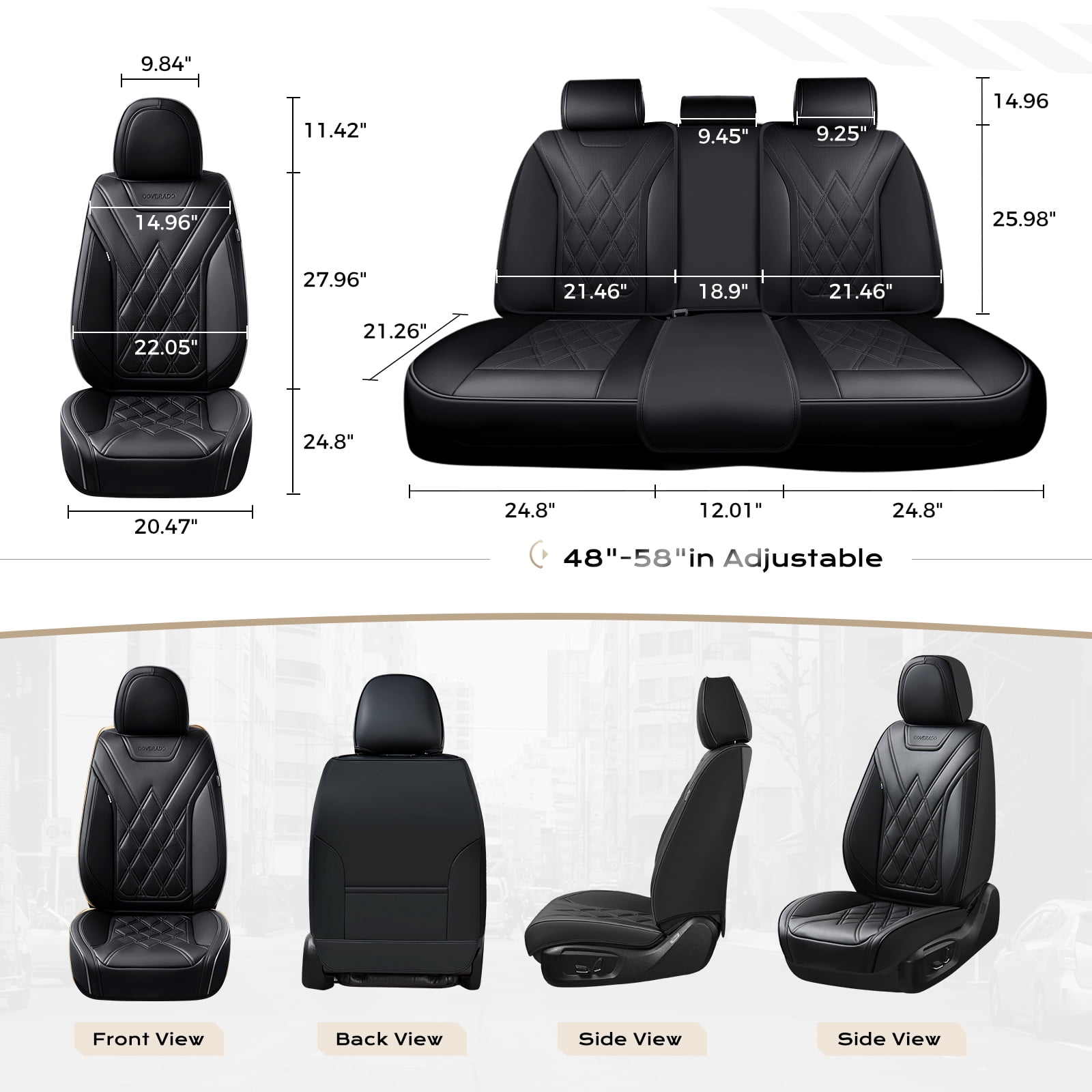 Coverado Full Set Covers For Cars, Waterproof Faux Leather Front and Rear Seat Protectors, Auto Cushions Universal Fit for Most Cars, Black