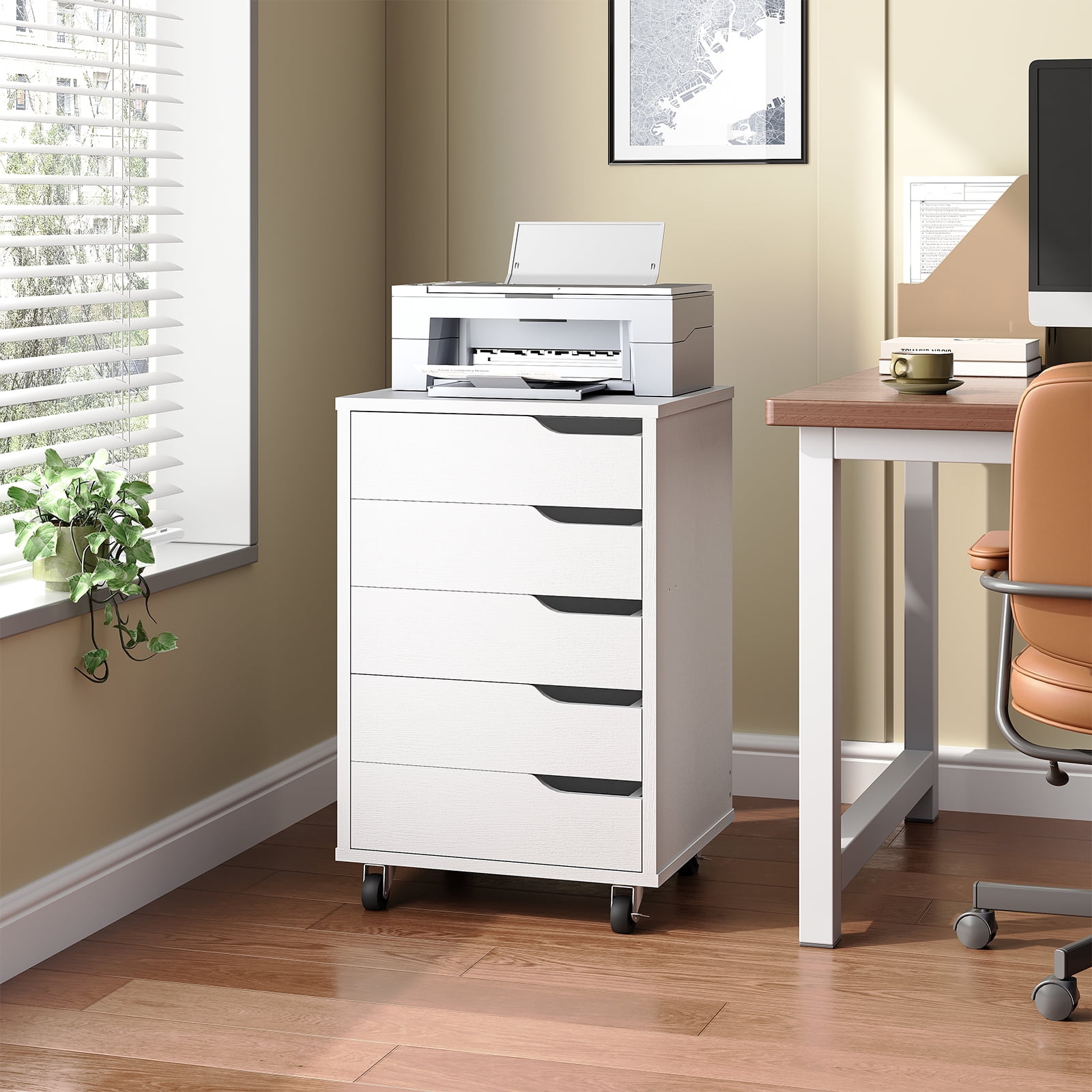 5-Drawer Mobile File Cabinet with 4 Casters (2 Lockable), No-Handle Rolling Storage Cabinet, Compact Filing Organizer for Office, Living Room, Bedroom,White