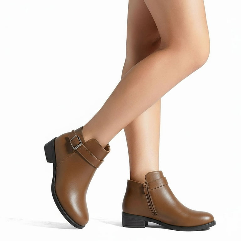 Ecetana Women's Chunky Low Heel Ankle Boots Round Toe Leather