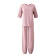 thumbnail image 6 of SnZhen Two Piece Sets for Women Summer Women's Stylish Casual Suit Contrasting Color Short-sleeved And Wide-leg Pants Slit Two-piece Set, 6 of 6