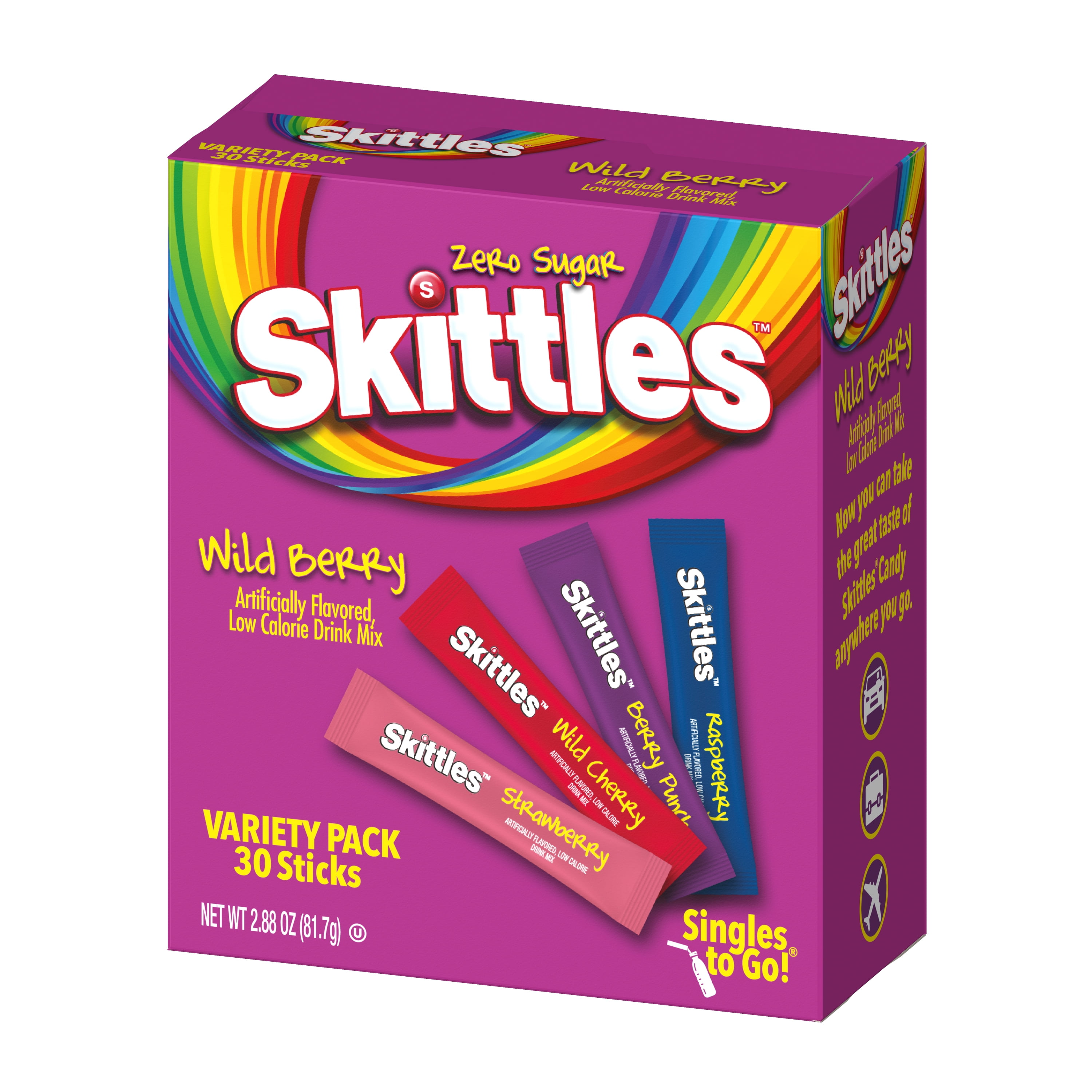 Skittles Zero Sugar Wild Berry Singles-to-Go Packs, Powdered Drink Mix, 2.88 oz, 30 Count Packets