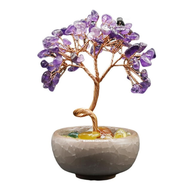 Estatua de árbol del dinero, adorno artesanal de cerámica, escultura creativa para mueble de TV violeta