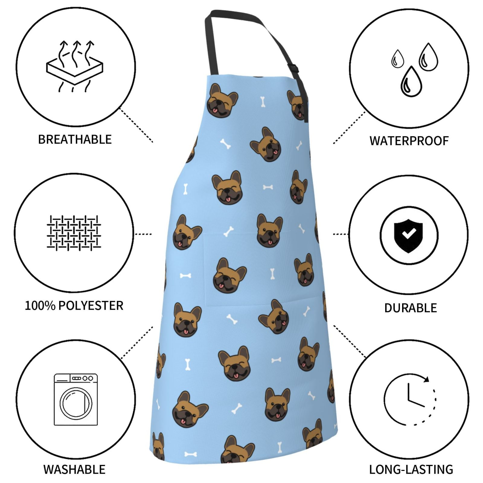 Kdxio french Bulldog Face Apron with Pockets Adjustable Kitchen Aprons for Men Women Waterproof Aprons for Cooking,Drawing,Crafting, Baking Household Cleaning