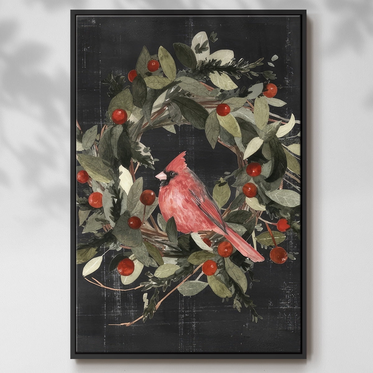 Christmas Cardinal I - Framed Gallery Wrapped Holiday Canvas - 25 x 37 - Black Frame