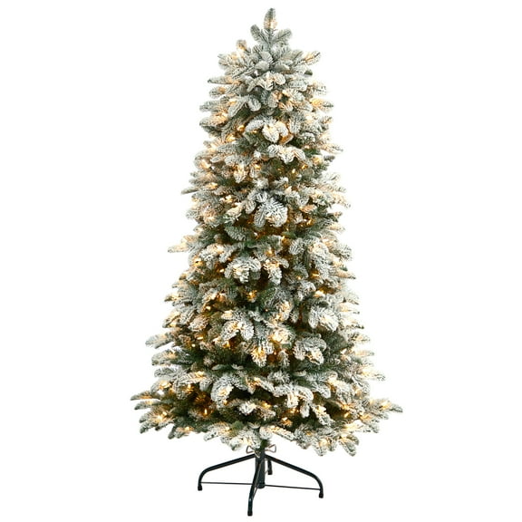 Nearly Natural 5ft. Flocked North Carolina Fir Artificial Christmas Tree with 350 Warm White Lights and 1247 Bendable Branches