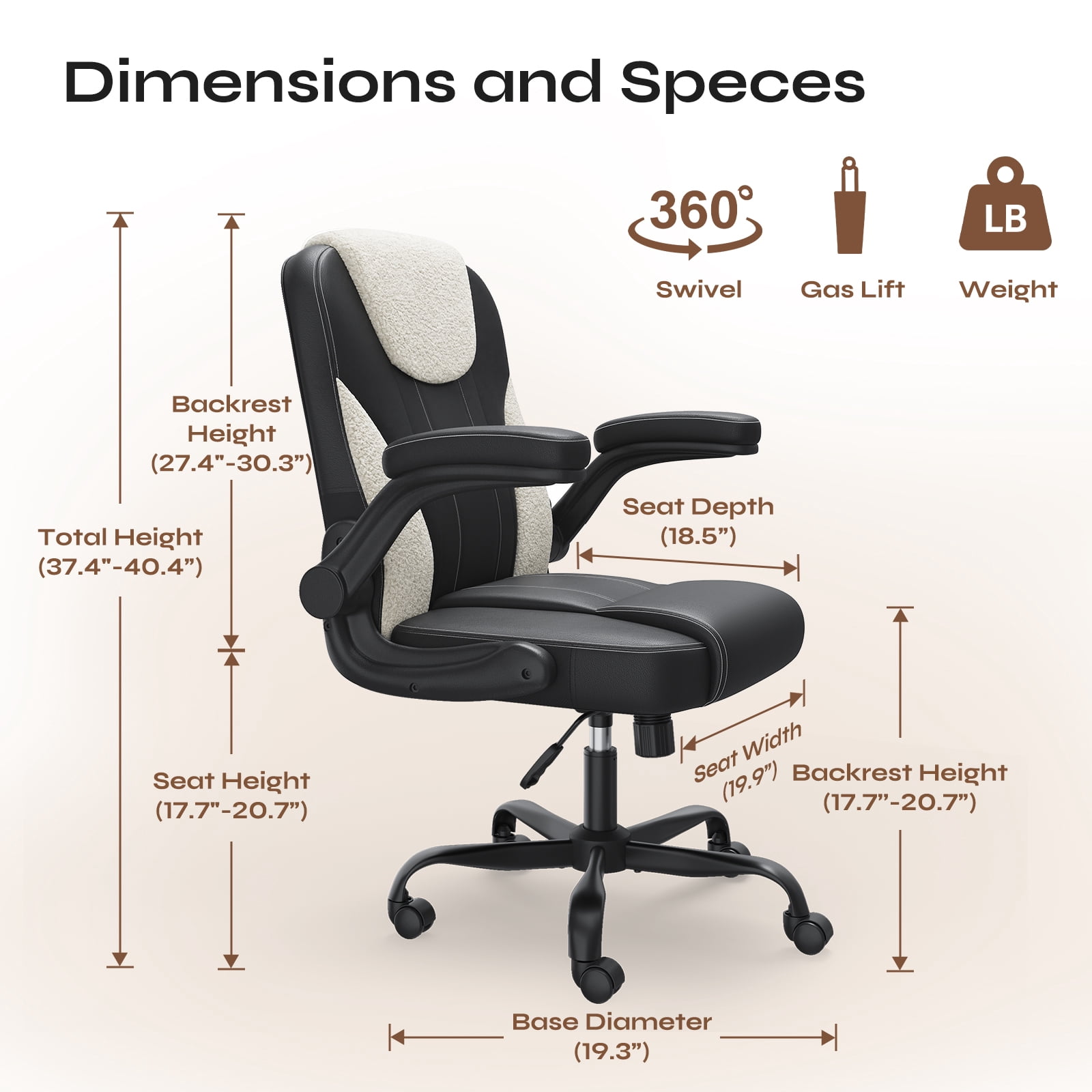 Pinmoco Ergonomic PU Leather Office Chair, High Back Executive Computer Desk Chair with Double-Layer Cushion, Swivel Gaming Chair with Wheels and Flip-Up Armrests, Black White