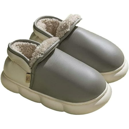 

DanceeMangoo Shiny Cozy Soft Fashion Shoes for Women Men Faux Leather Fluffy Lining House Slipper Indoor Outdoor Anti-skip Trendy Shoes