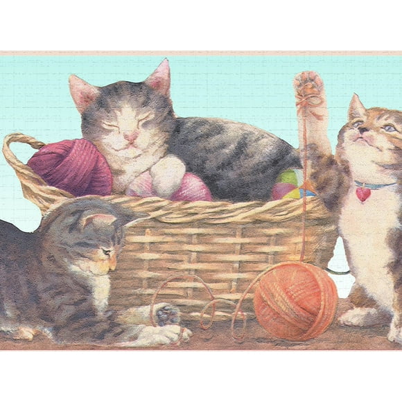Dundee Deco's Peel and Stick Wallpaper Border - Nature Blue Brown Kittens Wall Border Retro Design, 15 ft x 7 in (4.57m x 17.78cm), Self Adhesive