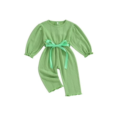 

Infant Baby Girls Rompers Clothes Solid Color Textured Crew Neck Long Sleeve Jumpsuits Fall Bodysuits with Belt