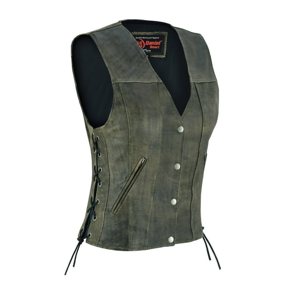 Daniel Smart XS to 5XL Brown Women’s Motorcycle Leather Vest Cowhide Ladies Leather Vest with Side Laces