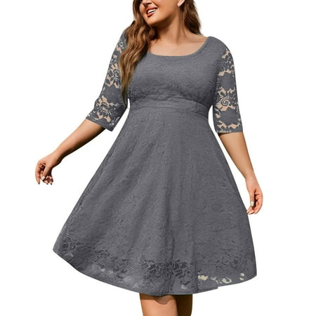 Biziza Gray Casual Dresses for Women Trendy 2025 3/4 Sleeve Lace Basic Elegant Dresses Plus Size Round Neck Corset Dress
