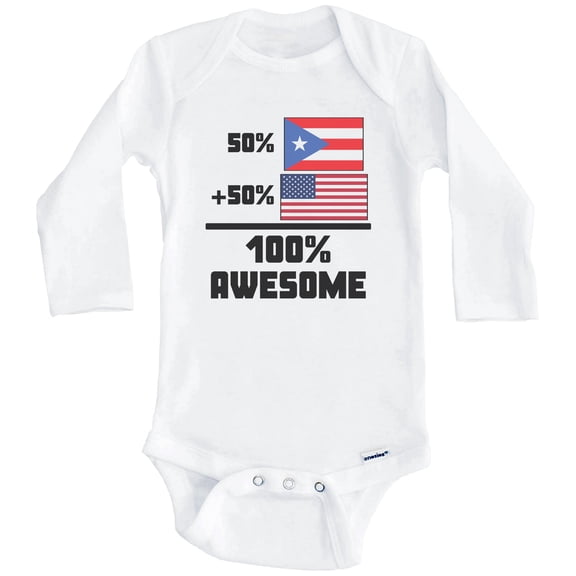 50% Puerto Rican 50% American 100% Awesome Funny Flag One Piece Baby Bodysuit (Long Sleeve), 0-3 Months White