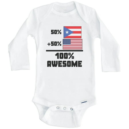 

50% Puerto Rican 50% American 100% Awesome Funny Flag One Piece Baby Bodysuit (Long Sleeve) 6-9 Months White
