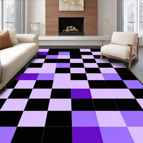 Flatwoven High Traffic Area Rug, Checkerboard Mosaic Runner Featuring Irregular Purple and Black Tiles, Non Slip, Stain Resistant, Washable Area Rugs for Living Room, Bedroom(Purple, 4X6)