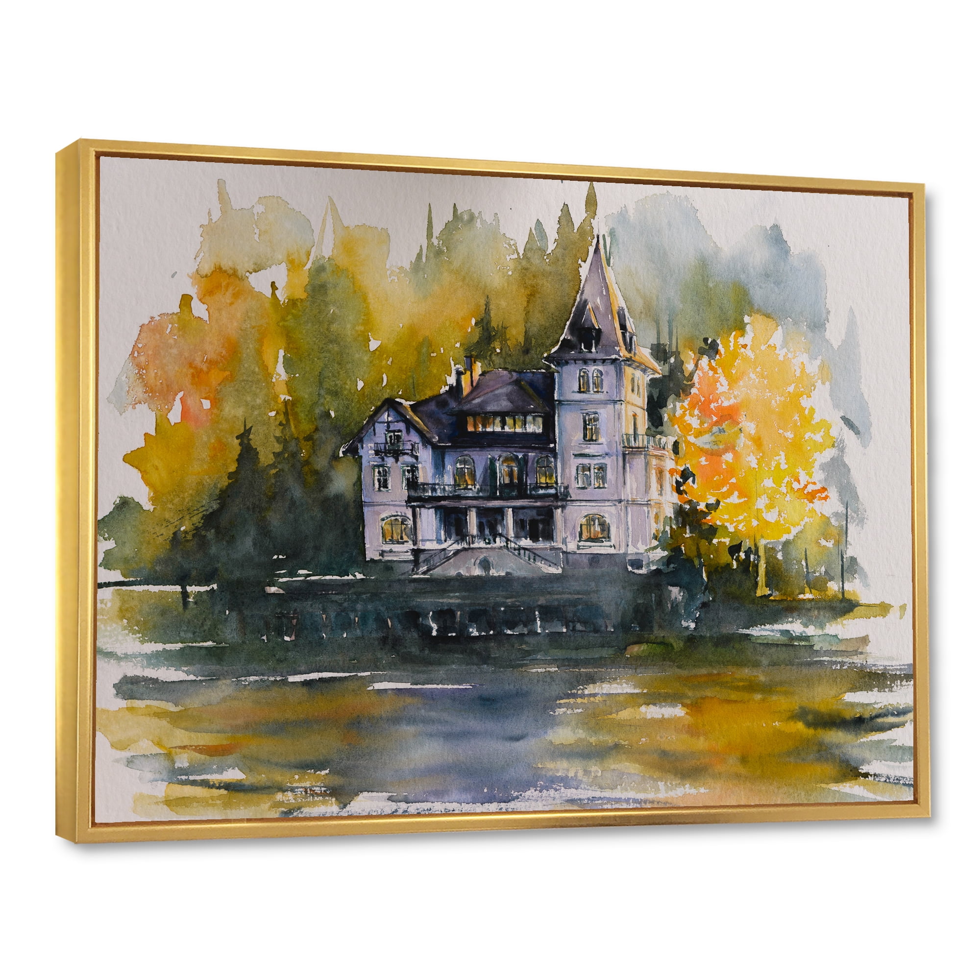 Designart 'Castle With Autumn Trees By The Lake' Lake House Framed Canvas Wall Art Print