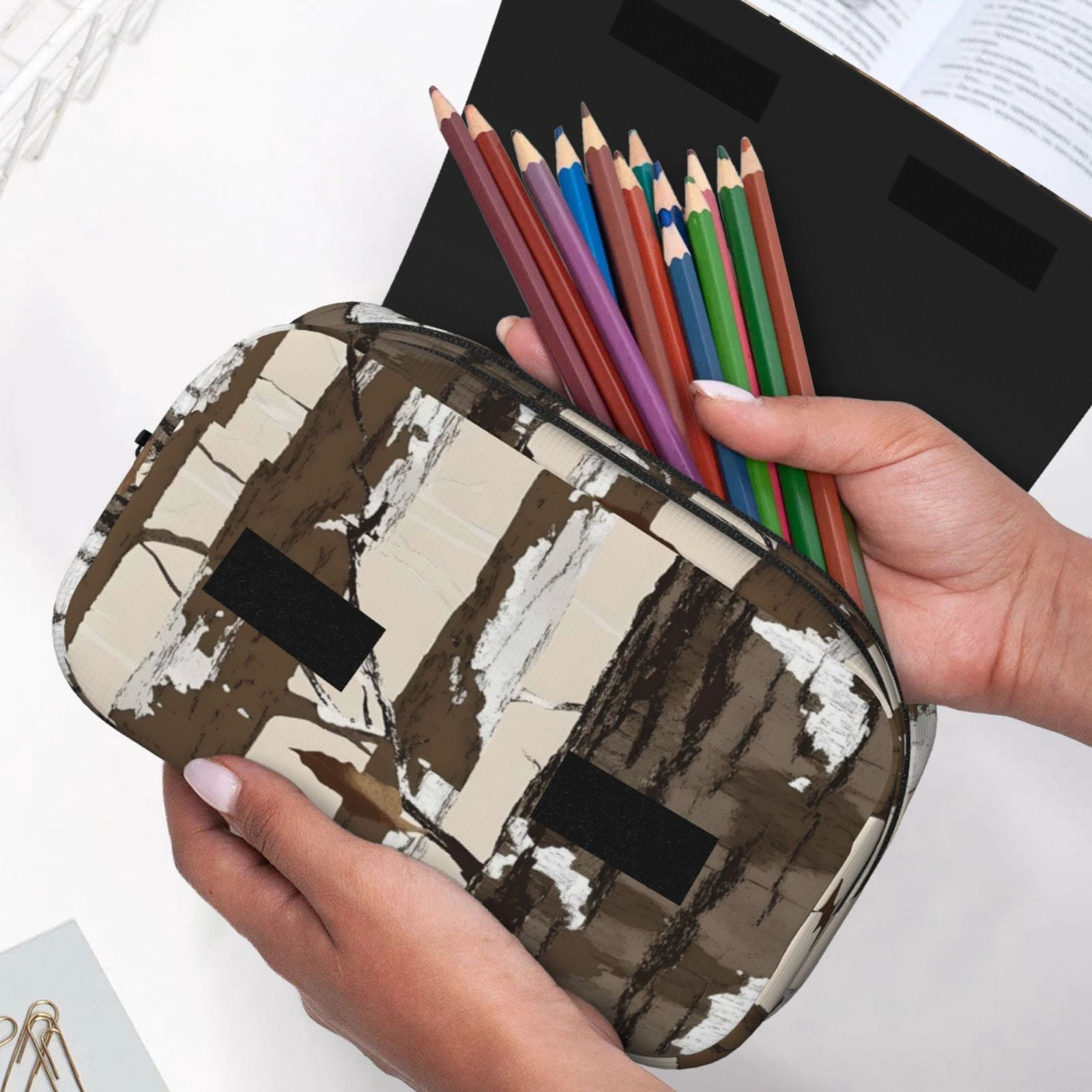 Large-Capacity Flip-Top Double-Layer Pencil Case, Multi-Functional Pocket Pen Case, Durable Stationery Organizer Woods Camouflage Tan_3
