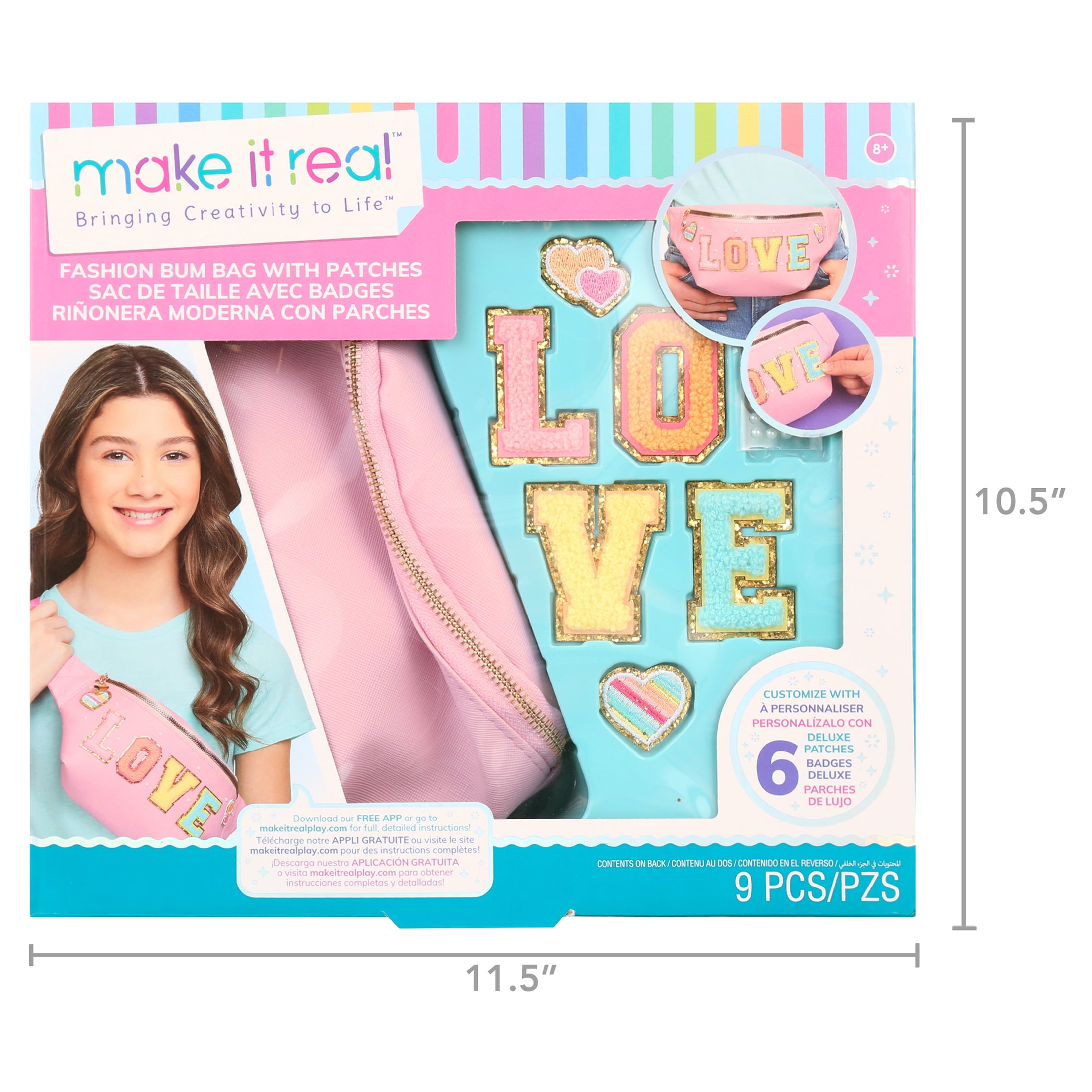 Make It Real: Fashion Bum Bag with Patches - 9 pcs, Pink Zipper Bag With Rainbow Band, DIY Customize, Love Patches, Tweens, Girls & Kids Ages 8+