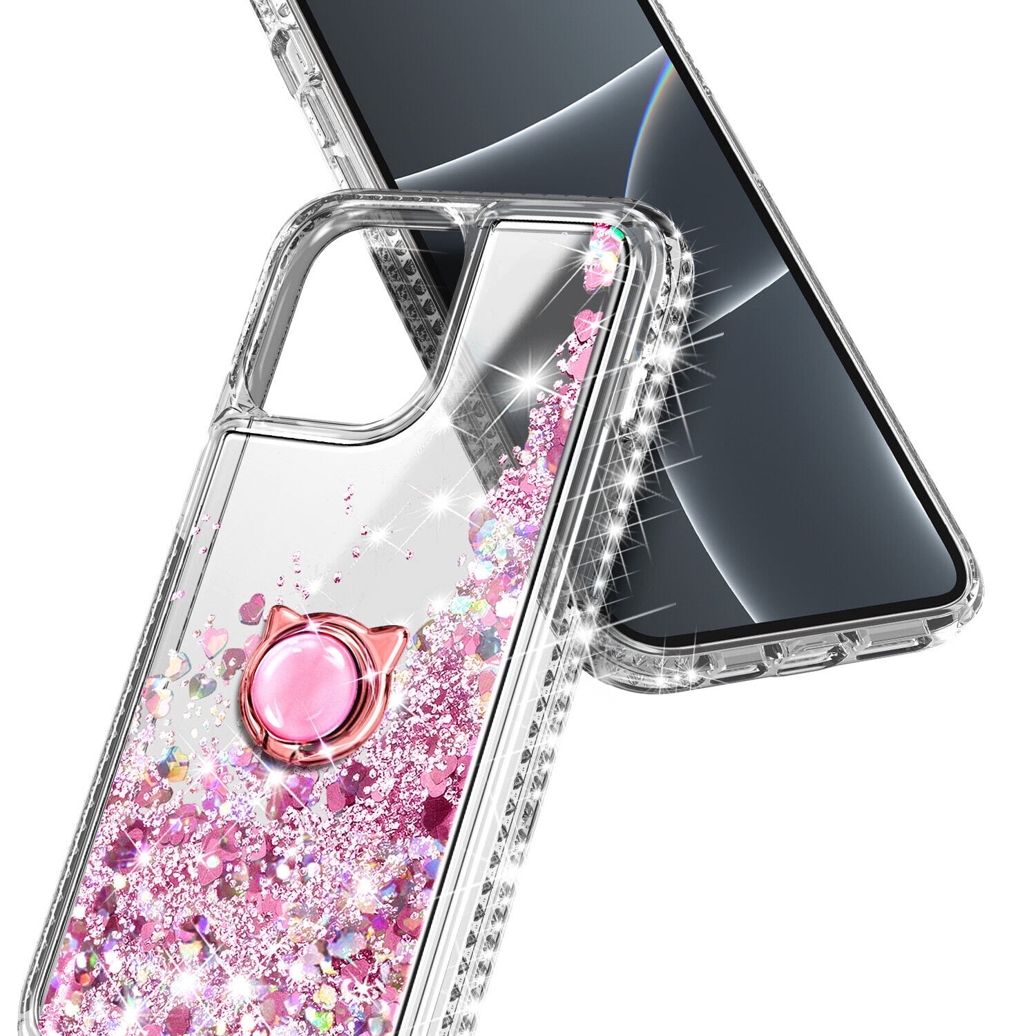 Case for iPhone 14 Pro, Moving Liquid Holographic Glitter Case with Kickstand, Women Slim Protective Case, Clear