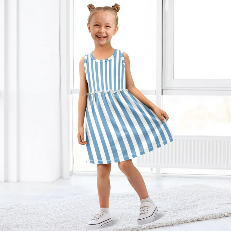 Blue-white Narrow Stripes Girls' Sleeveless Dress A-Line One-Piece