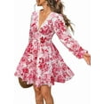 thumbnail image 2 of Autumn Women'S Dress V-Neck Long Sleeve Elastic Waist Bohemian Beach Resort Wear Floral Mini Summer Dress Red L, 2 of 9