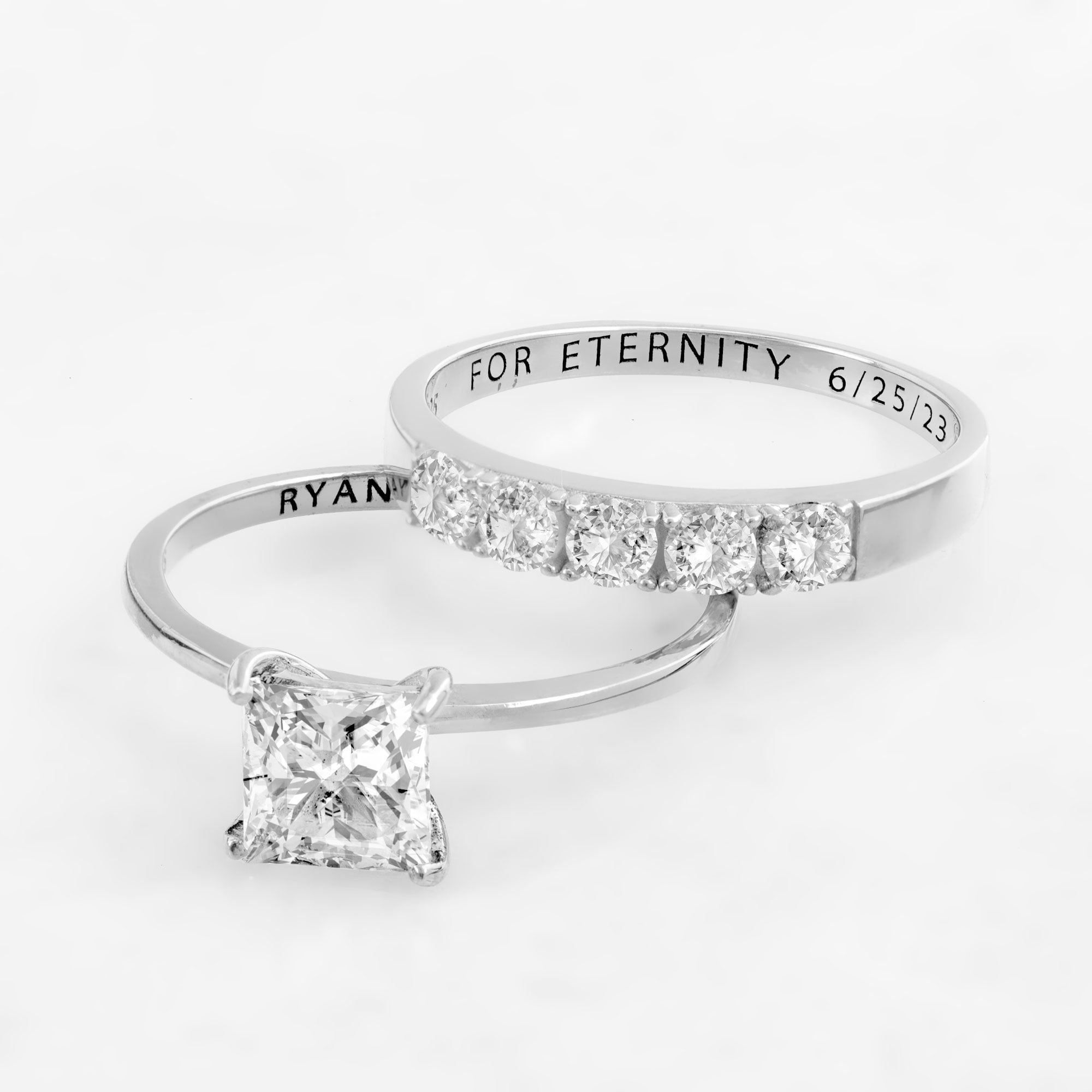 Vow & Forever Personalized Planet Bridal Platinum over Sterling Silver Square White Topaz 2-Piece Engraved Wedding Ring Set ,Women's