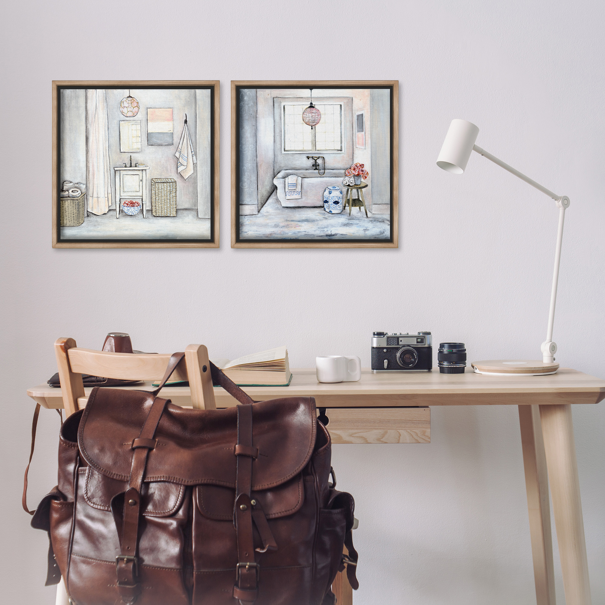 Stupell Industries Bathroom Interior Soft Cottage Design Abstract Drawing Brown Floater Framed Canvas Art Print Wall Art, 18 x 18, Set of 2