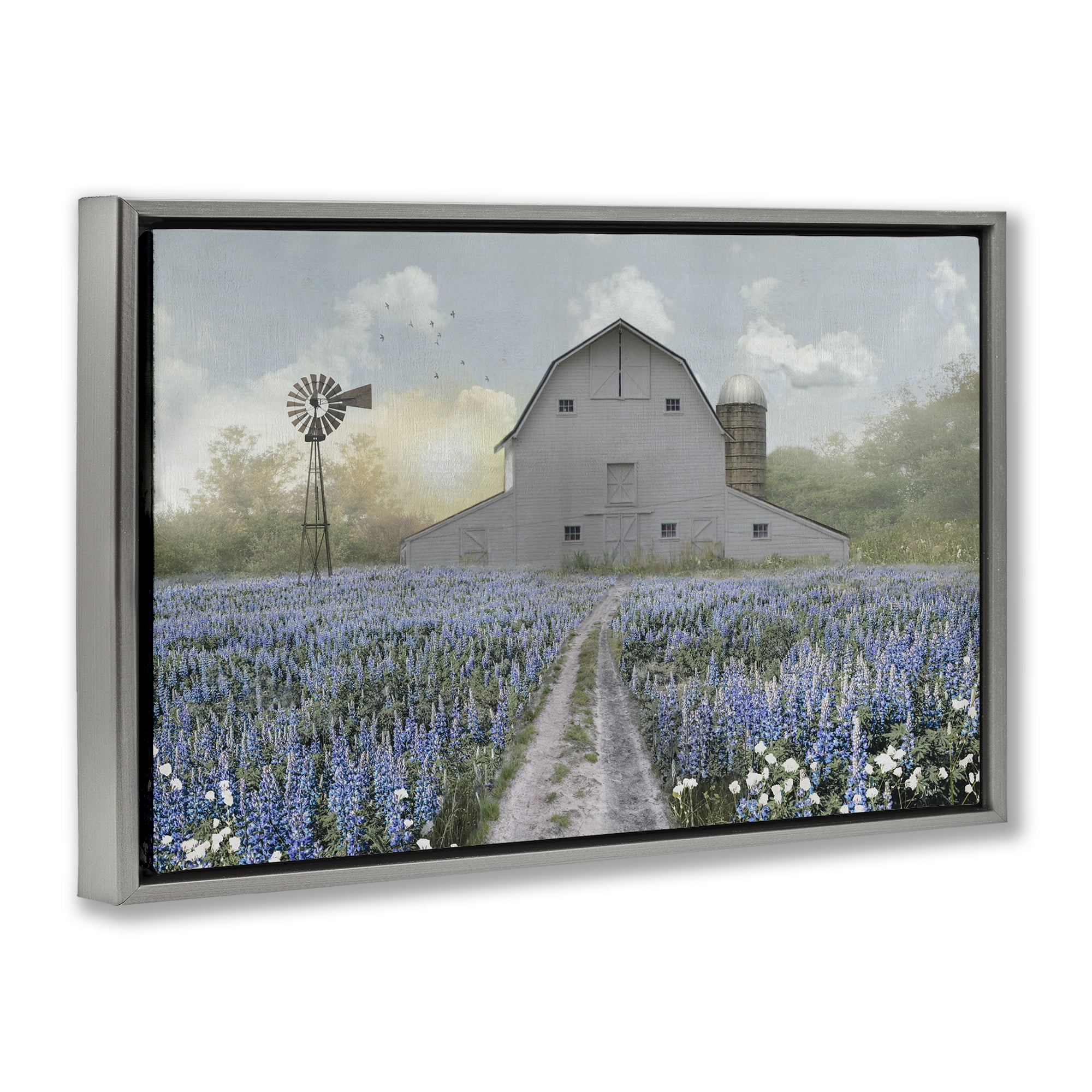 Stupell Industries Meadow of Blue Flowers & Barn Gray Framed Floater Canvas Wall Art, design by Nan
