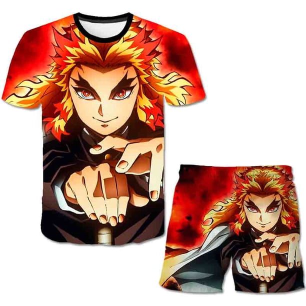 Conjuntos de ropa de Demon Slayer de verano para niños y niñas, camisetas informales estampadas + Pantalones cortos, ropa nueva para niños, 2 piezas/Trajes de ocio 14T Gao Jinjia LED