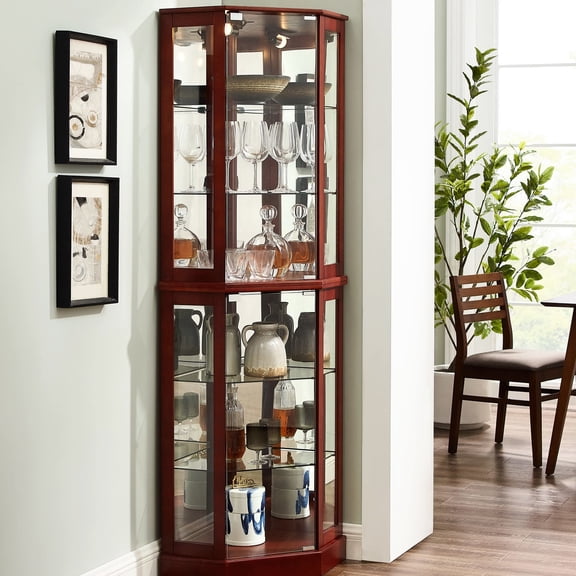 Lighted 6-shelf Corner Cabinet, Mirrored Back, Adjustable, Cherry Tone Cabinet With Lights & Mirrors,