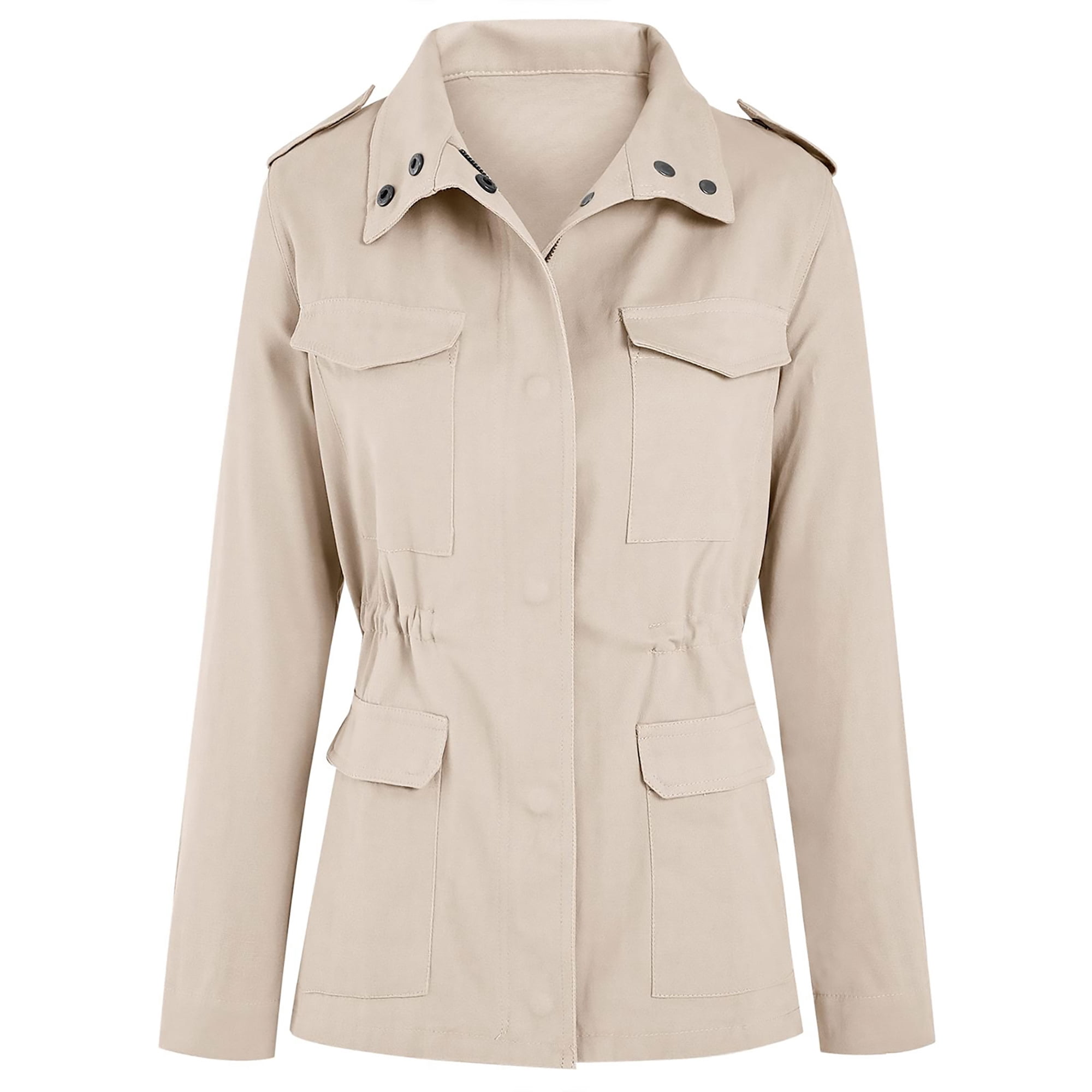 Bellella Women Coat Solid Color Military Jacket Long Sleeve Outwear Casual Lapel Utility Jackets Outdoor Creamy white XL Walmart