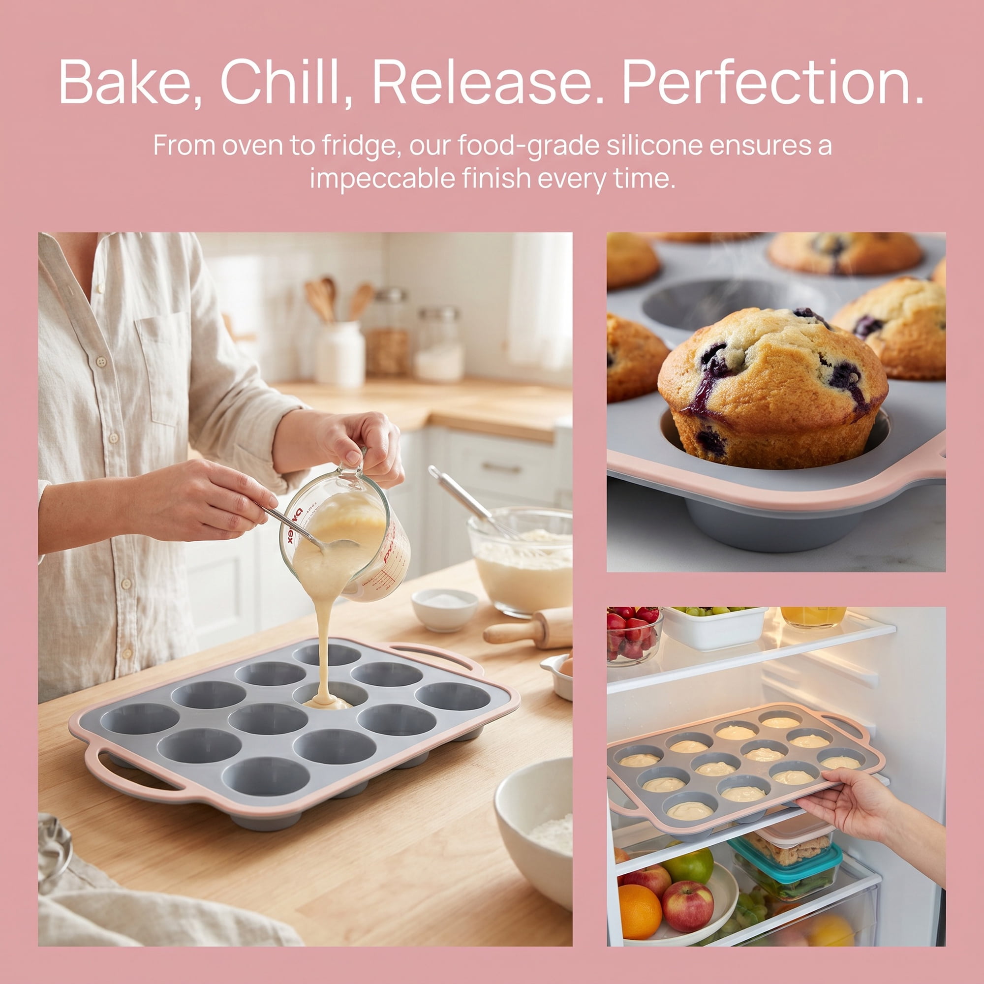 Unique Bargains Baking Pan 12-Cup Nonstick Silicone Tray with Dual Handles Gray/Pink 14.8"x8.9"x1.3"