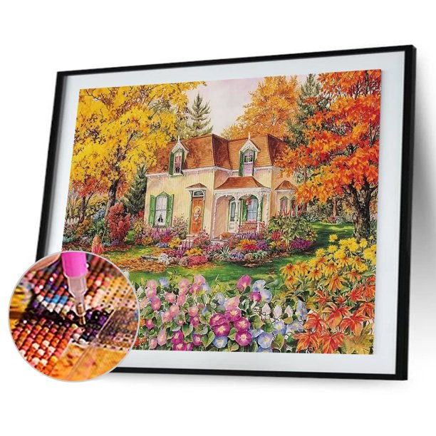 Cuadros Decorativos Kit de pintura de resina de diamante redondo completo con imagen de diamantes de imitación de casa de otoño de mosaico DIY Tmvgtek embutido en tela